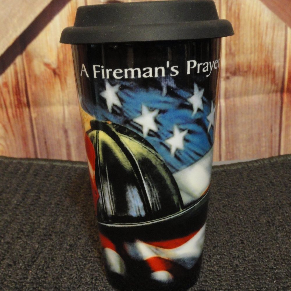Firemans Prayer Graphic Tavel cup~Porcelain~cover, never used~Fire FIght…